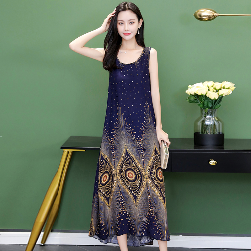 

2020 New Summer Women Dress Casual Loose Sleeveless Beach Dresses O-Neck Long Boho Print Women Clothes Vintage Plus Size Dress