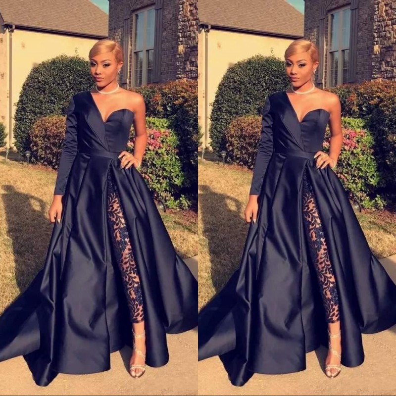 2020 One Shoulder Prom Evening Dresses Royal Blue Satin Sweep Train Custom Made Plus Size Prom Party Gown Formal Occasion Wear