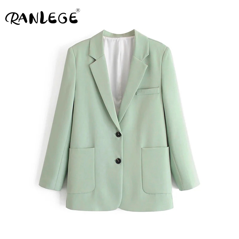 

RANLEGE Green Color Casual Blazer Women Big Pockets Long Sleeve Jacket Female Notched Collar Office Wear Blazer Ropa De Mujer
