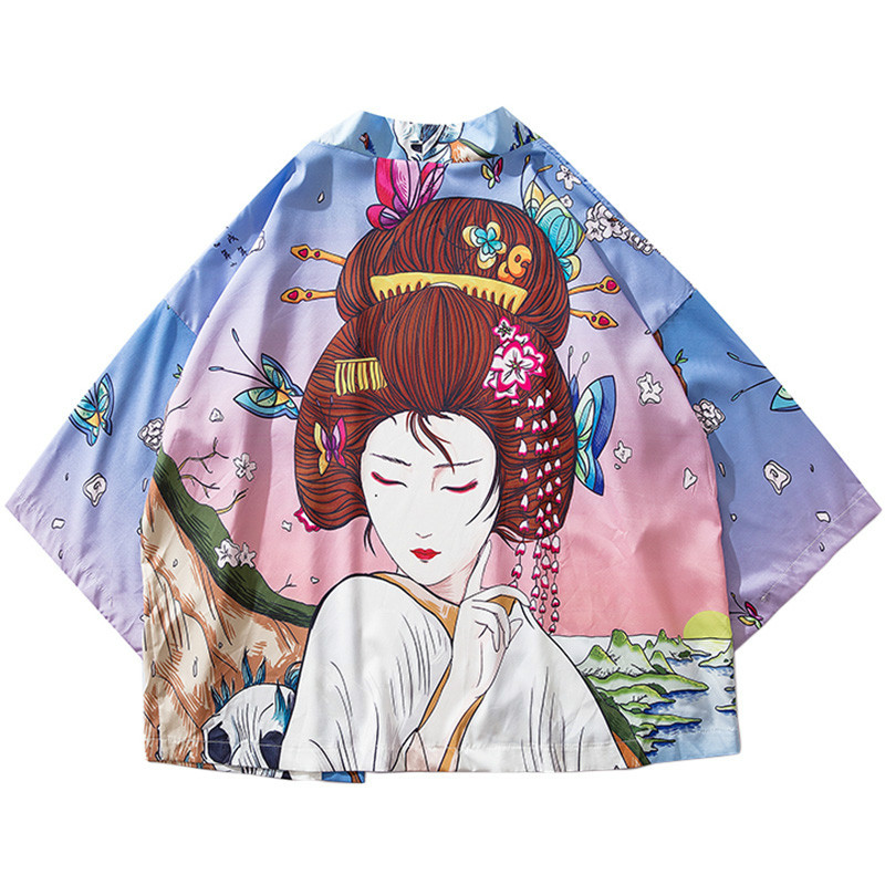 

Januarysnow 2019 Japanese Kimono Jacket Butterfly Geisha Print Harajuku Hip Hop Men Japan Style Streetwear Jackets Summer Thin Clothes Loose, Multi