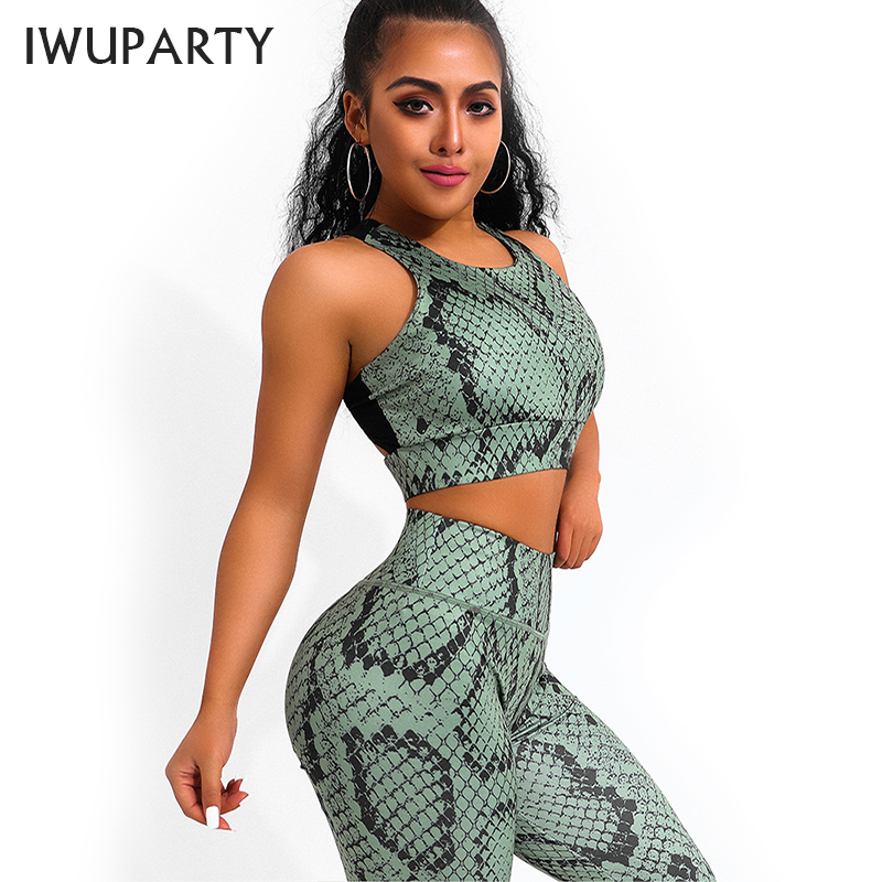 

IWUPARTY 2 Piece Snake Print Yoga Set Women Crisscross Back Sportwear Gym Clothing Fitness Leggings Workout Sports Suit Female, Green