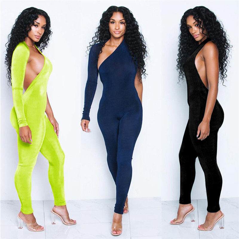 

Fashion Womens One Shoulder Slim Jumpsuit Sexy Ladies Long Sleeve Backless NightOut Party Romper Solid Color Skinny Clubwear, Green