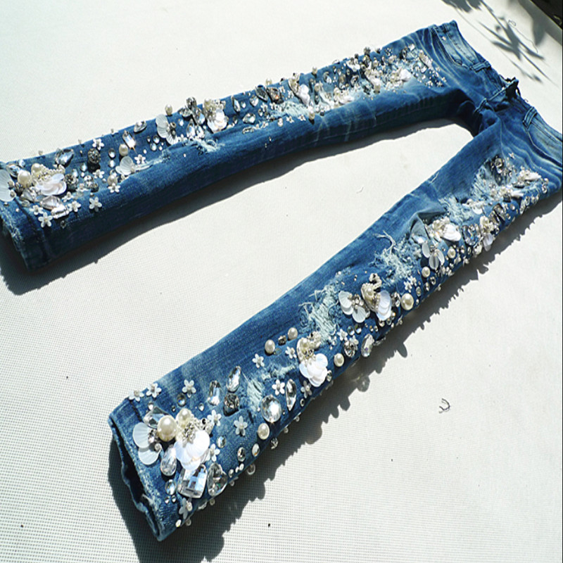 

Embroidered Flares diamond women denim Pencil Pants 2020 fashion Beading Jeans Ankle-Length Pants trouser, Blue
