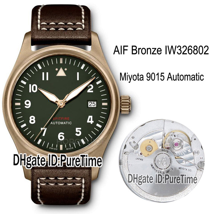 

AIF Spitfire Automatic Bronze IW326802 Miyota 9015 Automatic Mens Watch Green Dial Brown Leather White Line Watches Best Edition Puretime 01, Customized waterproof service