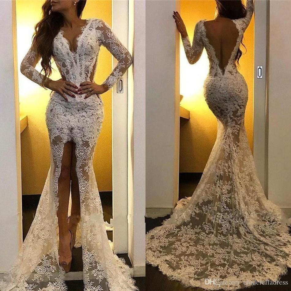 

2020 New Sexy Mermaid Wedding Dresses V Neck Long Sleeves Full Lace Appliques Front Split Sheer Sweep Train Backless Plus Size Bridal Gown, Champagne