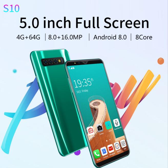 

5.0'' Inch s10 4G+64G 8.0+16.0MP Cheap Mobile Phone Smart Phone Face Full Screen Unlock Android 8.0 8 Core Dual Sim SmartPhones DHL Express, White