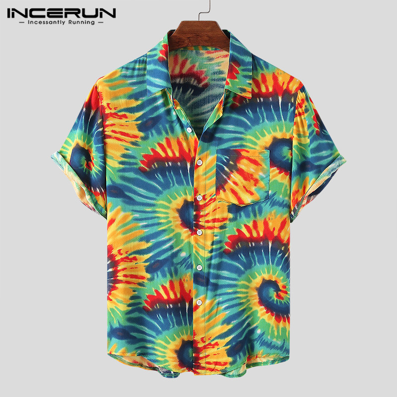 

INCERUN 2020 Men Hawaiian Shirt Tie Dye Print Streetwear Short Sleeve Lapel Blouse Breathable Chic Summer Vacation Casual Camisa, Orange