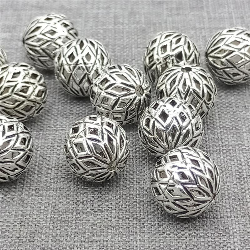 

Other 4pcs Of 925 Sterling Silver Hollow Checkered Round Beads For Bracelet Necklace