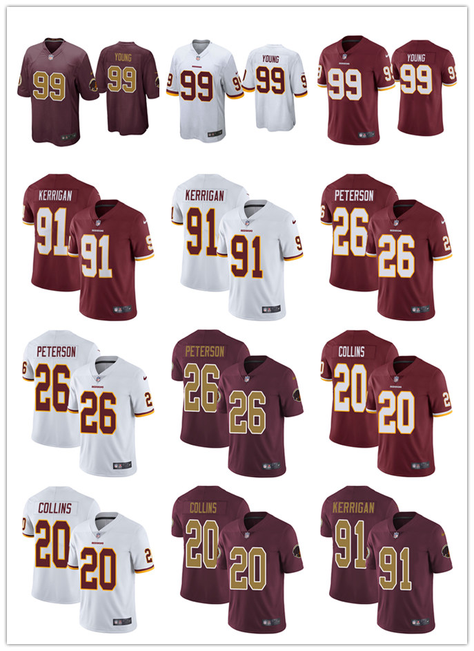 

Washington Redskins MEN WOMEN YOUTH 91 Ryan Kerrigan 26 Adrian Peterson 99 chase young 21 Sean Taylor Vapor Limited football Jersey, Black;red