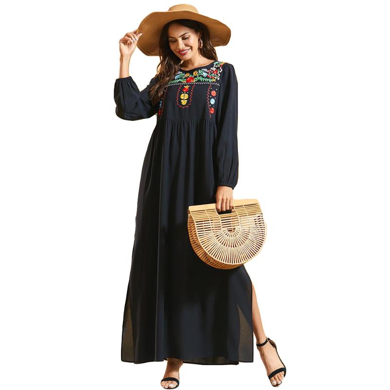

New Black Abaya Muslim Women Embroidery Long Maxi Dress Turkish Kaftan Pleated Side Slit Party Gown Jilbab Robe Islamic Clothing