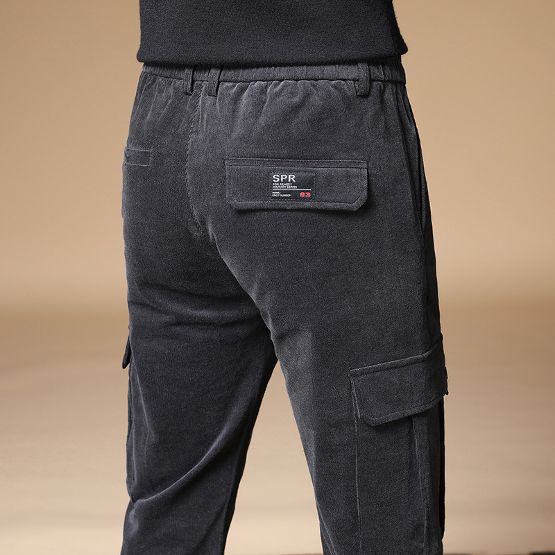 

Free Shipping 2019 Men's Fall Winter New Style Corduroy Elastic Waist Casual Pants Slim Feet Stretch Thin Striped Cargo Pants, Black