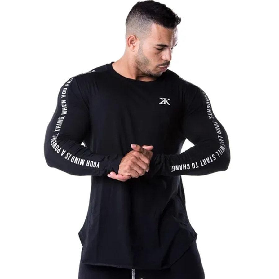 

New Fashion High-elasticity Sporting T-shirt Men long Sleeve Fitness T shirt Men's solid gyms Bodybuilding T-shirt Tee, Black
