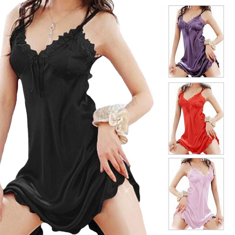 

Women Sexy Lace Slip Nightdress Sleepwear Nightgown Silk Satin Babydoll Underwear Sleep Dress, Black