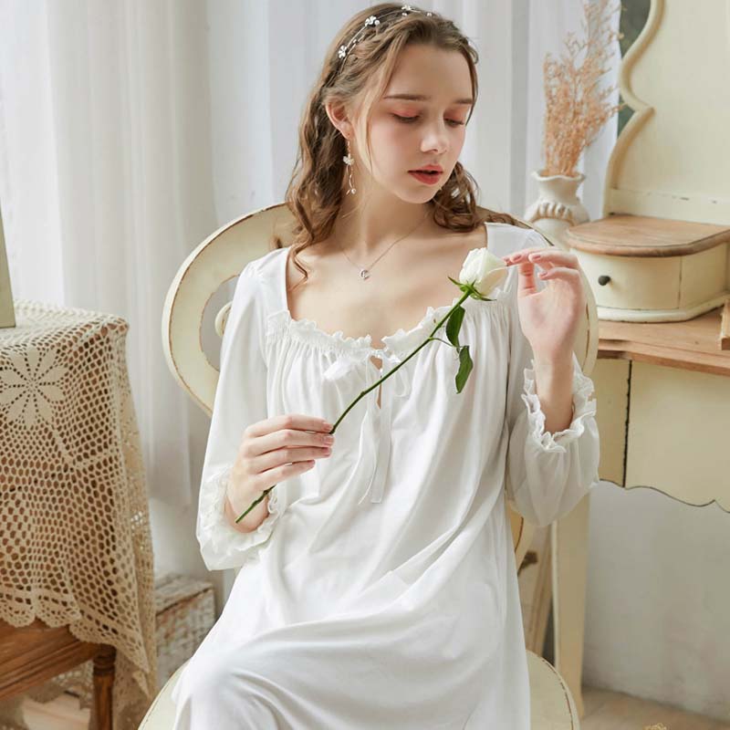 Wasteheart Women Fashion White Blue Sexy Sleepwear Nightdress Cotton Lace Nightwear Sleepshirts Long Luxury Nightgown Court Gown