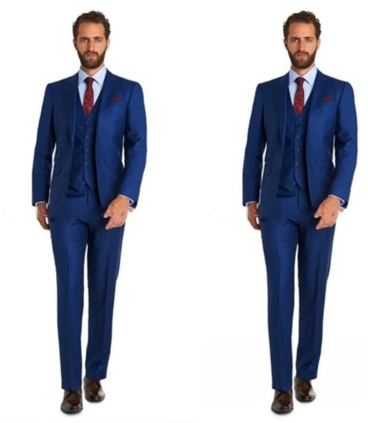 

Three piece Blue Mens Suits for Wedding Groom Tuxedos Peaked Lapel Custom Made Prom Party Men Suit (Jacket + Pants + Vest, Royal blue