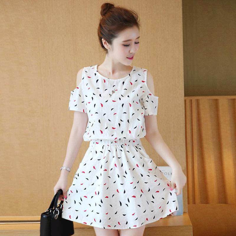 

CHAMSGEND woman dress Polyester Short dress Women' O-Neck Off Shoulder Printing Short Sleeve Causal Dresses Summer, White