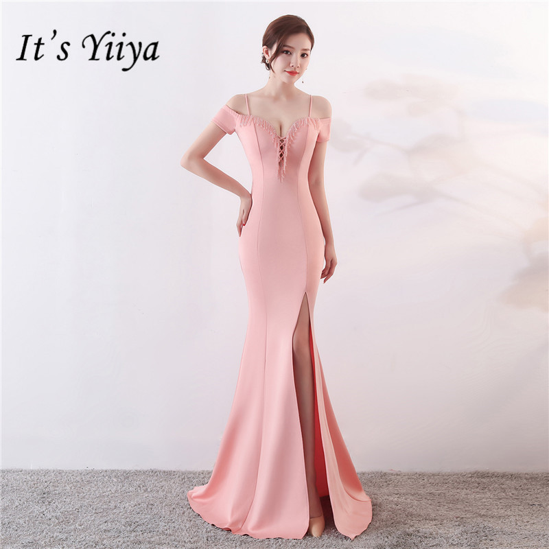 

It's Yiiya Black Pink evening dress Floor-length short sleeve Elegant Boat neck long Porm dresses Fashion Formal Party gown C068, As picture