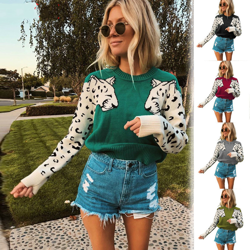 

Luxury Women' Sweater Animal Leopard Print Wool Pullover Full Sleeve Loose Sweaters Clothing For Girls Ladies, Black