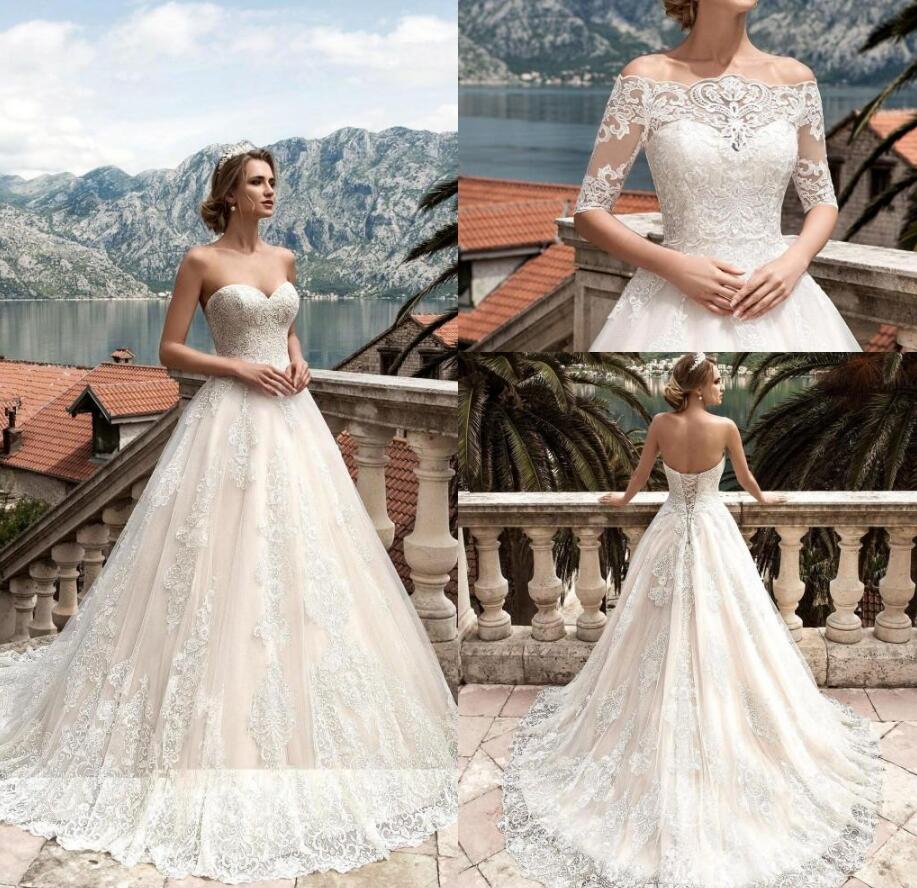 

Vestidos De Noiva 2017 Wedding Dresses with Detachable Half Long Sleeves Lace Appliqued Bridal Gowns Corset Back Custom Made Wedding Gowns, Royal blue