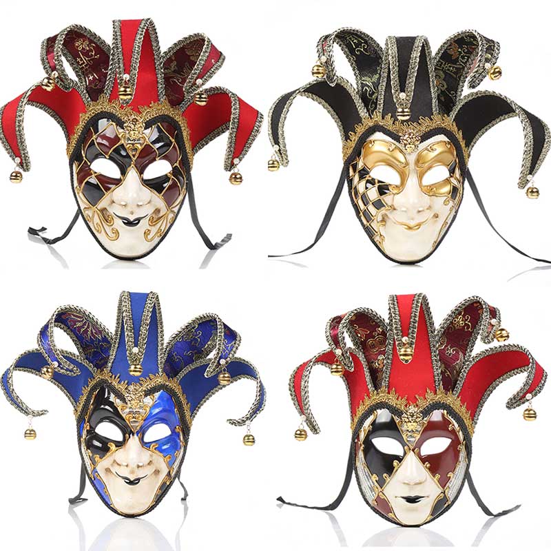 

Party Masks Full Face Men women Venetian Theater Jester Joker Masquerade Mask With Bells Mardi Gras Party Ball Halloween Cosplay Mask Costume 4 styles