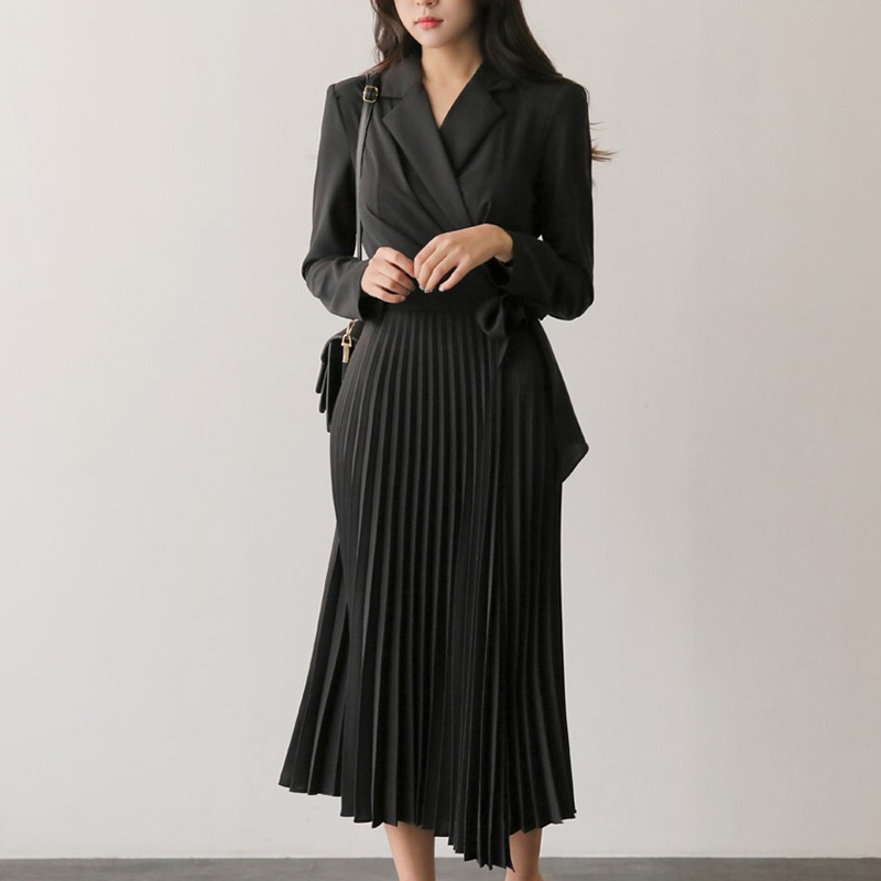 

2019 New spring autumn Long Sleeve Adjust waist Pleated Bow Sashes Dress Fashion suit collar Dress yy111, Photo color