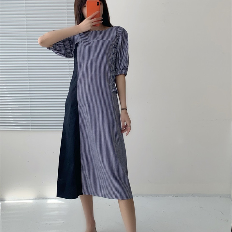 

Women O-neck Striped Patchwork Knee-Length Dress Black Side Pleated Zipper Puff Sleeve Waist Summer Dresses Female Clothes