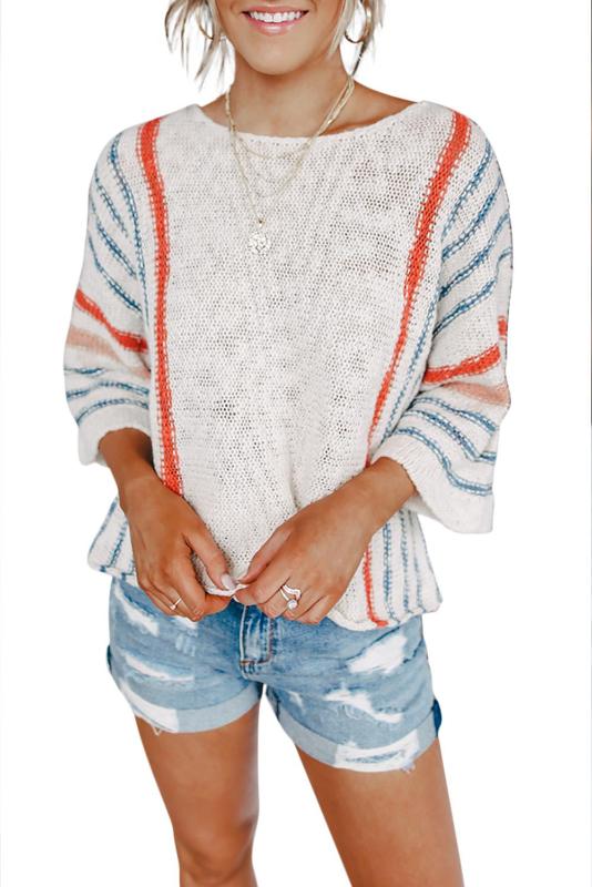 

Wide Sleeve Striped Beach Sweater Women O Neck Three quater Sleeve Loose Summer Autumn Sweater Cover Up Tops, As shown