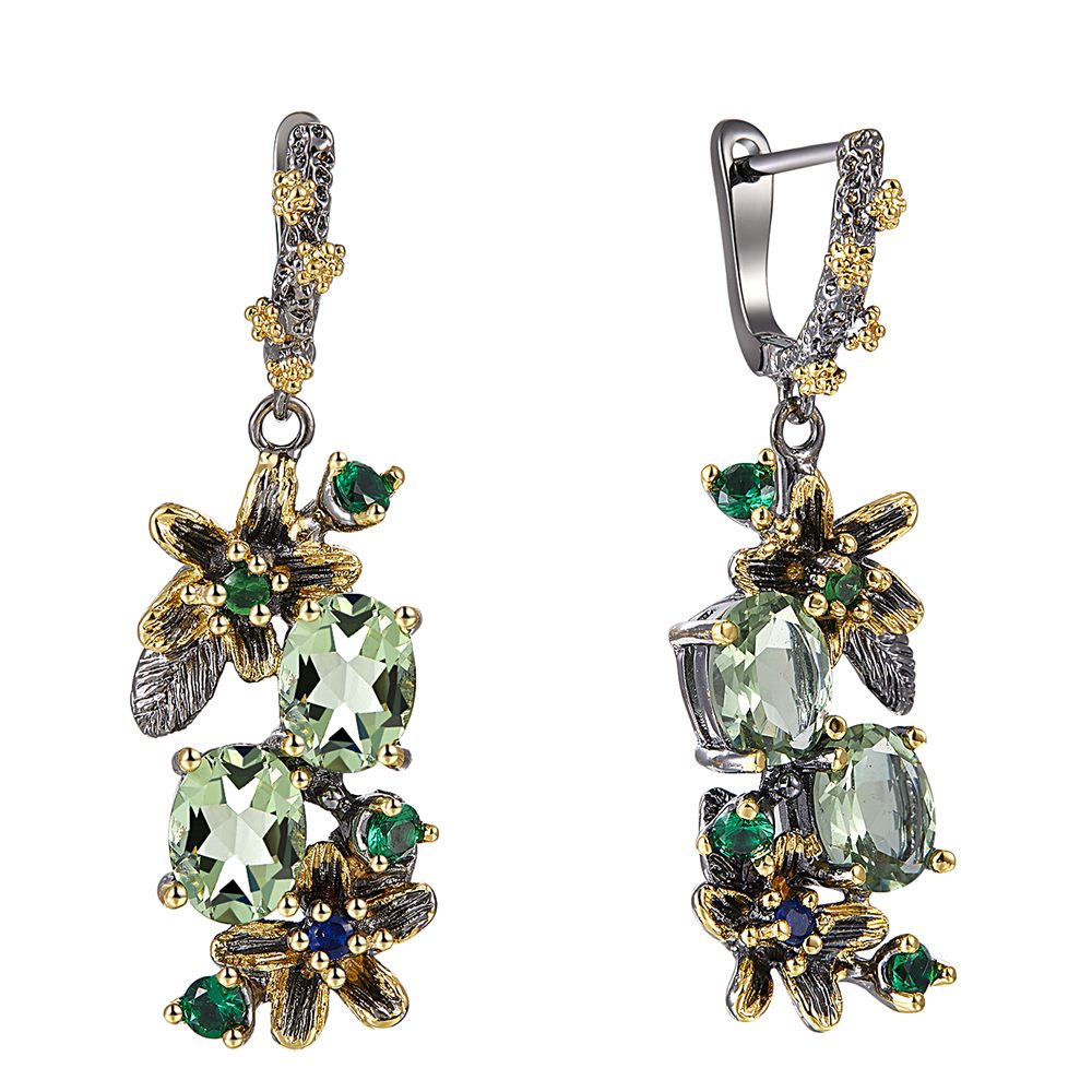 

Beautiful Dangle Earrings Light Oval Green Cubic Zirconia Stones Flower Leaf Jewellery Black Gold color Jewelry Drop earring