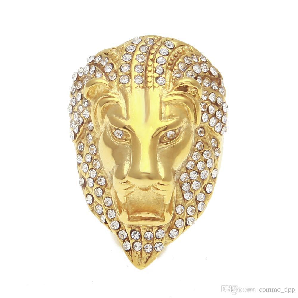 

Iced Out Lion Head Rings For Mens Hip Hop Crystal Rhinestone Gold Animal Sign Rings Women Rapper Hiphop Jewelry Gift