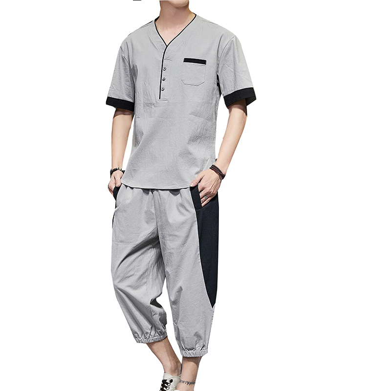 

5 Colors 2020 New Arrivals Vintage Men Short Sleeve Blouse + Cropped Pants Tracksuit Casual Chinese Style Shorts Sets Plus XXXXL, White tracksuit men