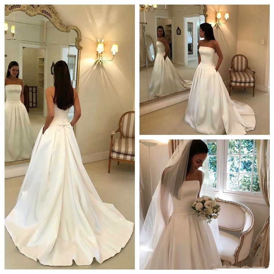 

Simple Boho Vintage A-line Wedding Dresses Strapless Satin Draped Bridal Dress Bow Sashes Vestidos De Noiva Bride Bridal Dresses A85, Ivory