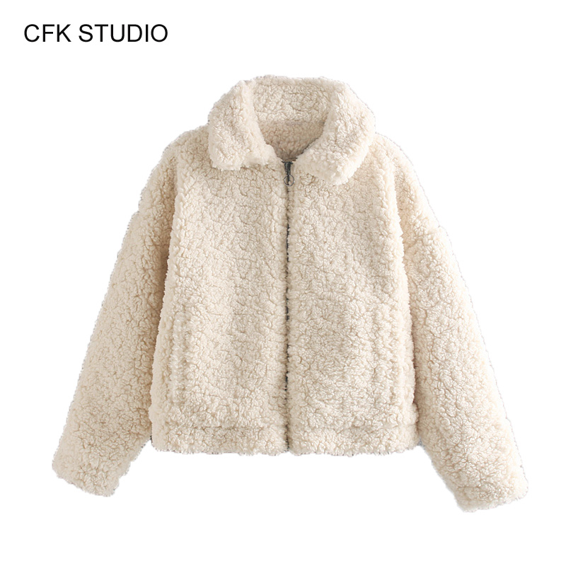 

Winter Coat 2019 New Women Plush Hairy Pockets Coat Zipper Warm Thick Femme Wool Blends White Solid Korean Casual Top, Beige