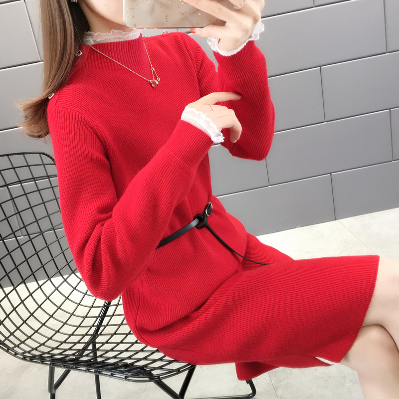 

5052f area 42 left] - real shot - spring new lace half high collar belt fur dress 65, See chart