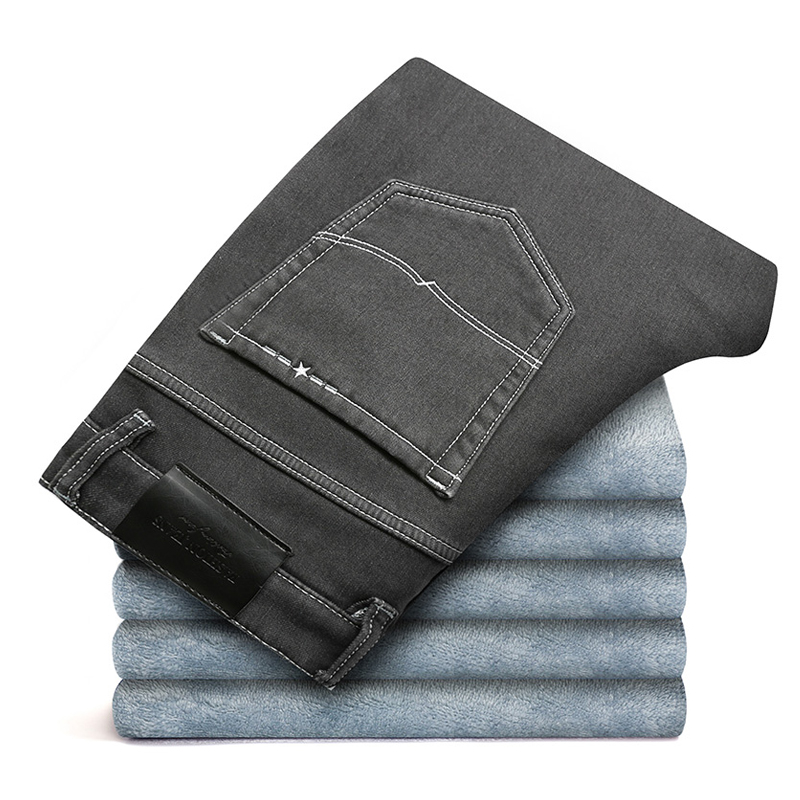 

2019 Winter New Men Warm Gray Jeans High Quality Elasticity Thicken Skinny Plus Velvet Denim Pants Trousers Male Brand Clothes
