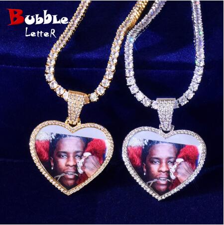 

Custom Made Photo Heart Medallions Necklace & Pendant Tennis Chain Iced Out Cubic Zircon Men's Hip Hop Jewelry Soild Back New Arrivers