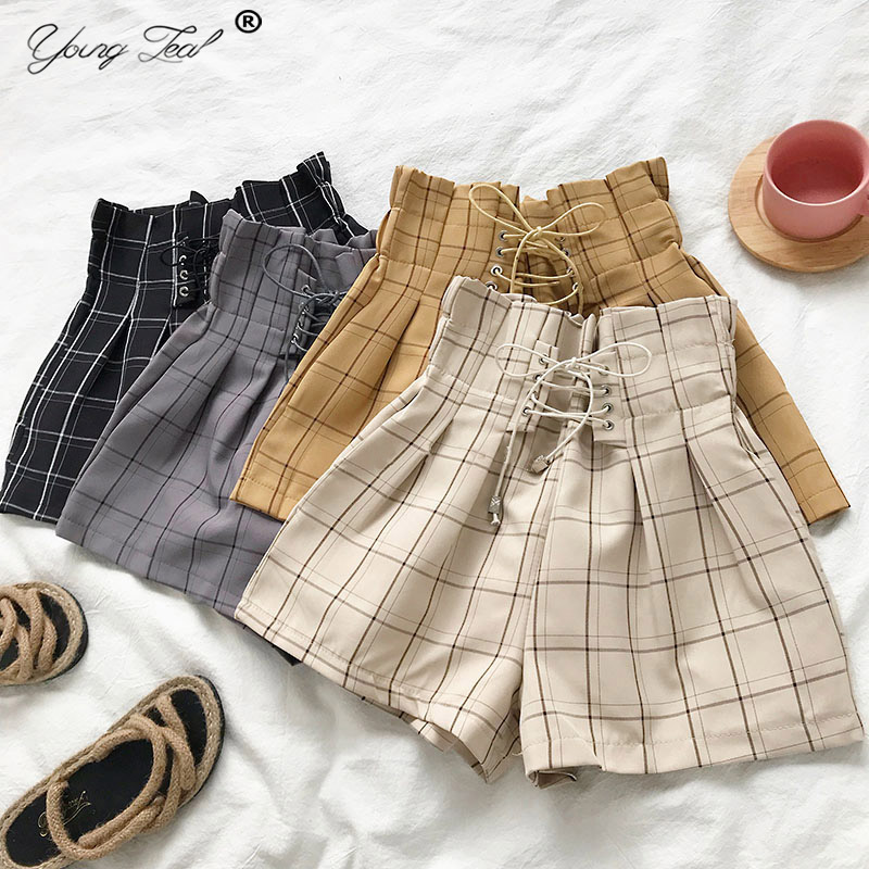 

2020 Vintage Plaid Shorts Women Elastic High Waist Wide Leg Short Spring Summer Fashion New Pockets Bow Casual Short Feminino, Beige