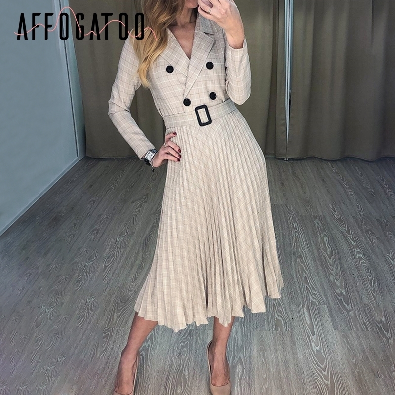 

Affogatoo Elegant button belt Plaid women blazer dress Sexy v-neck pleated office ladies dress Long sleeve female party dresses LY191114, Light apricot