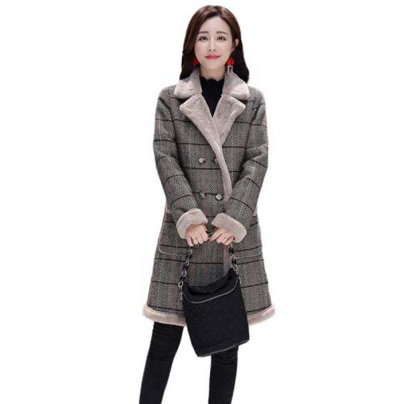 

Womens Fashion Medium Long Woollen Cloth Coats 2019 Autumn Winter New Females Thickening Velveting Plaid Woolen Cloth Overcoats, Black