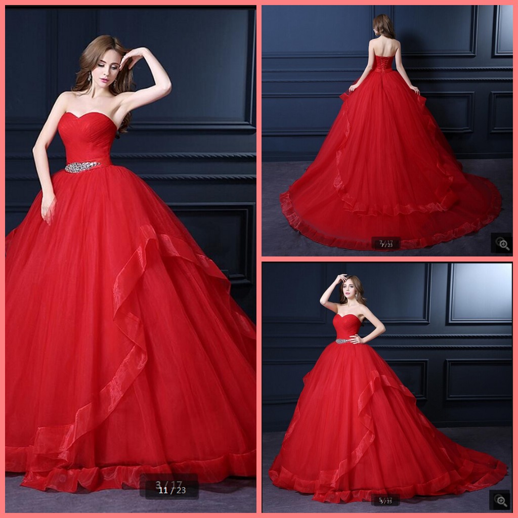 

Vestido De Festa 2019 red ball gown princess wedding dress strapless sweetheart neck puffy sashes wedding gowns corset pleated wedding dress, Same as image