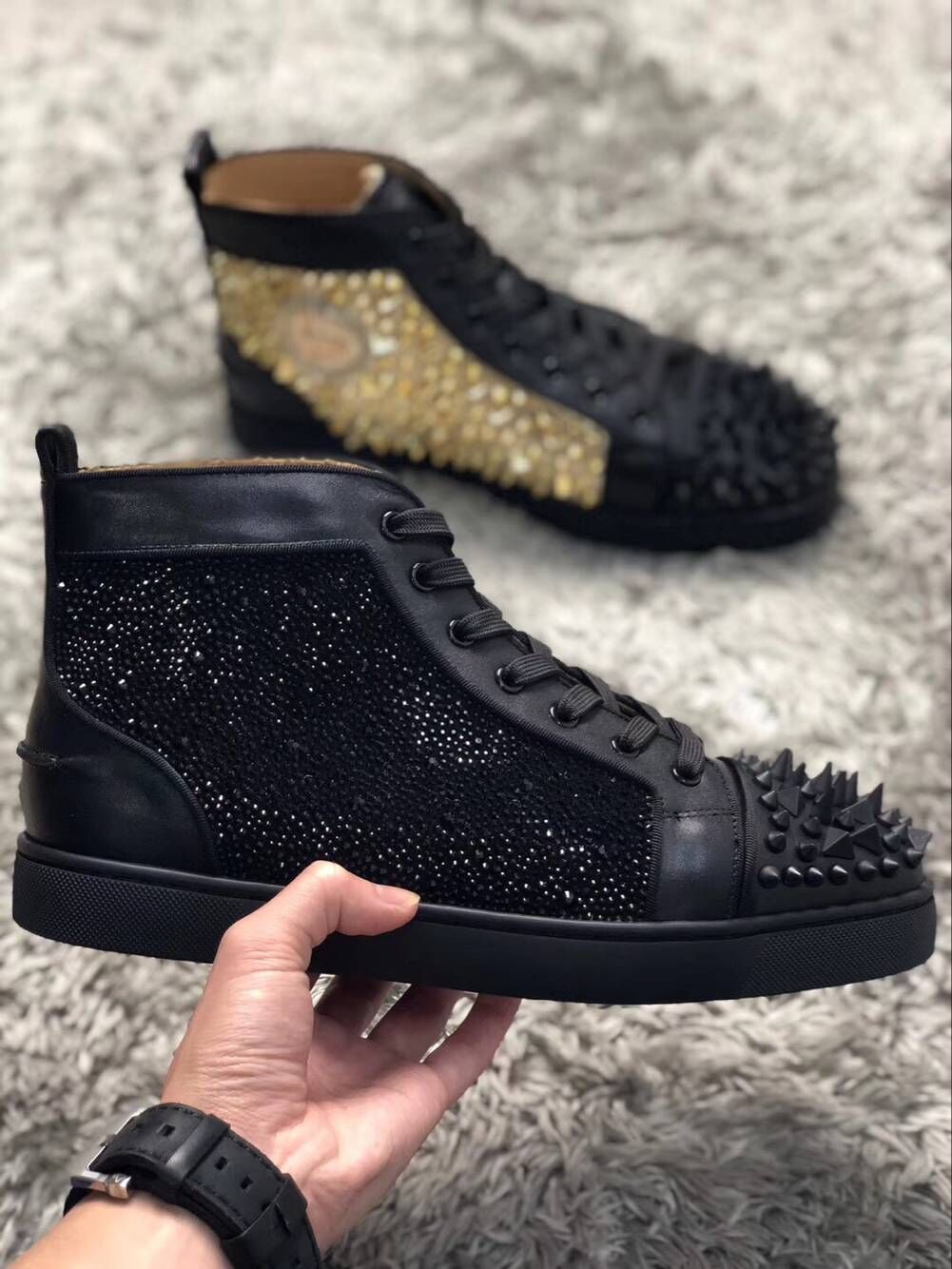 

White-gold,Black-gold Pik Pik Spikes & Strass High Top Red Bottom Sneakers Shoes Women,Men Top Luxury Party Wedding Casual Walking, Original box;dust bag