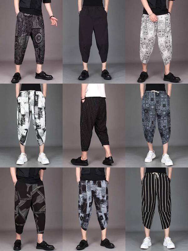 

Popular printing loose-fitting small feet harun seven minutes pants men's summer fashion ice silk casual eight pants, Beige