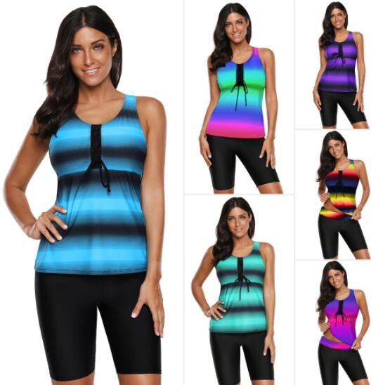 

sports girl large big plus oversized bikinis set beach skirt mothers capris conservative swimwear stripe tie crew print yakuda