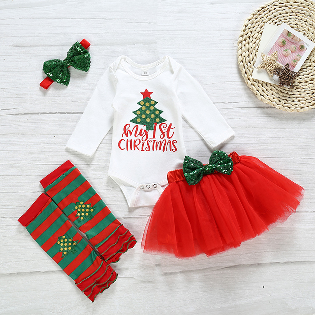 

My First Christmas Newborn Infant Baby Girl Christmas Xmas Tree Romper Skirt Tutu Hairband Outfits conjunto infantil menino, Multi