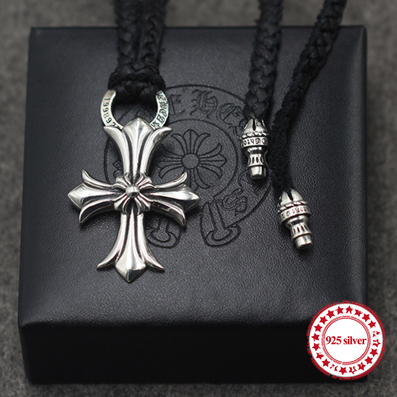 

S925 sterling silver necklaces pendants retro personality classic fashion punk style cowhide rope cross necklace pendants gift