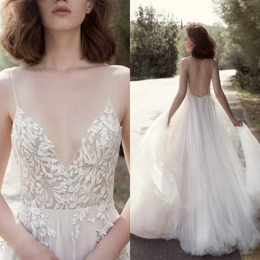 

Julie Vino A Line Wedding Dress Spaghetti Appliques Tulle Backless Wedding Dresses Sweep Train Boho Bridal Gowns, Hunter