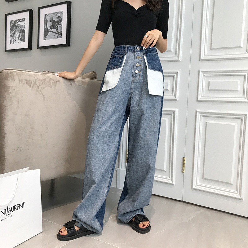 

Weekeep Pockets Patchwork Denim Straight Wide Leg Jeans For Women High Waist Boyfriend Jeans Woman Mom Long Jean Trouser, Blue