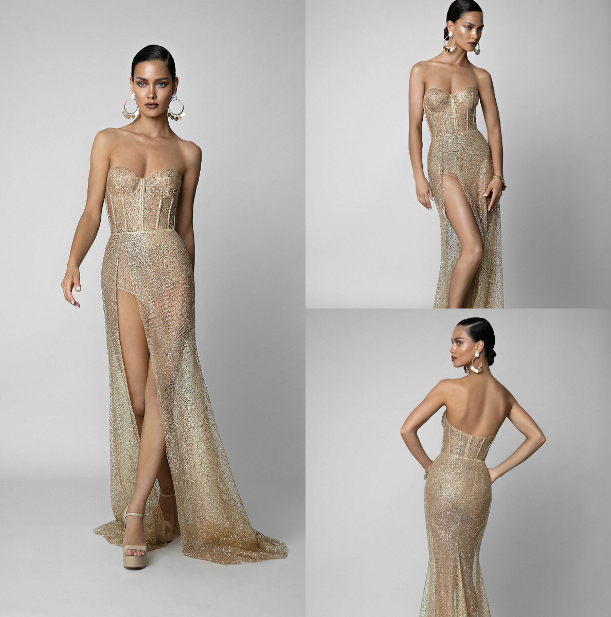 

Sexy Berta Gold Sequined prom dresses Sweetheart Thigh Slit Evening Gowns Dubai Arabic Backless Party Runway Dress Custom, Silver