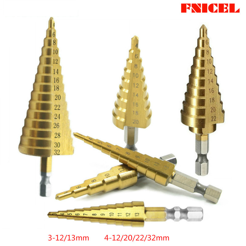 

New Hss Step Cone Taper Drill Bit Hole Cutter Metric 1/4" Titanium Coated Metal Hex Bits Drill Core 3-12/13mm 4-12/20/22/32mm