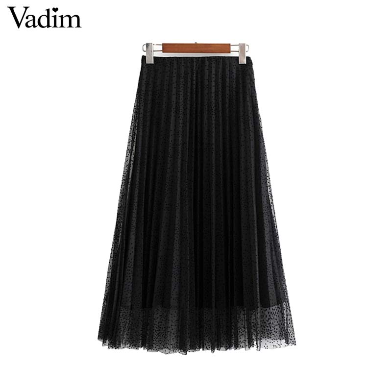 

Vadim women chic black mesh midi skirt back zipper dots elastic waist female basic fashion mid calf skirts mujer BA790