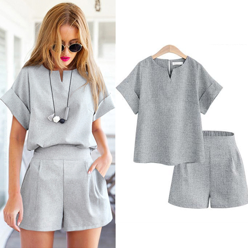 

2018 Women Summer Style Casual Cotton Linen Top Shirt Feminine Pure Color Female Office Suit Set Women's Costumes Hot Short Sets, Blue